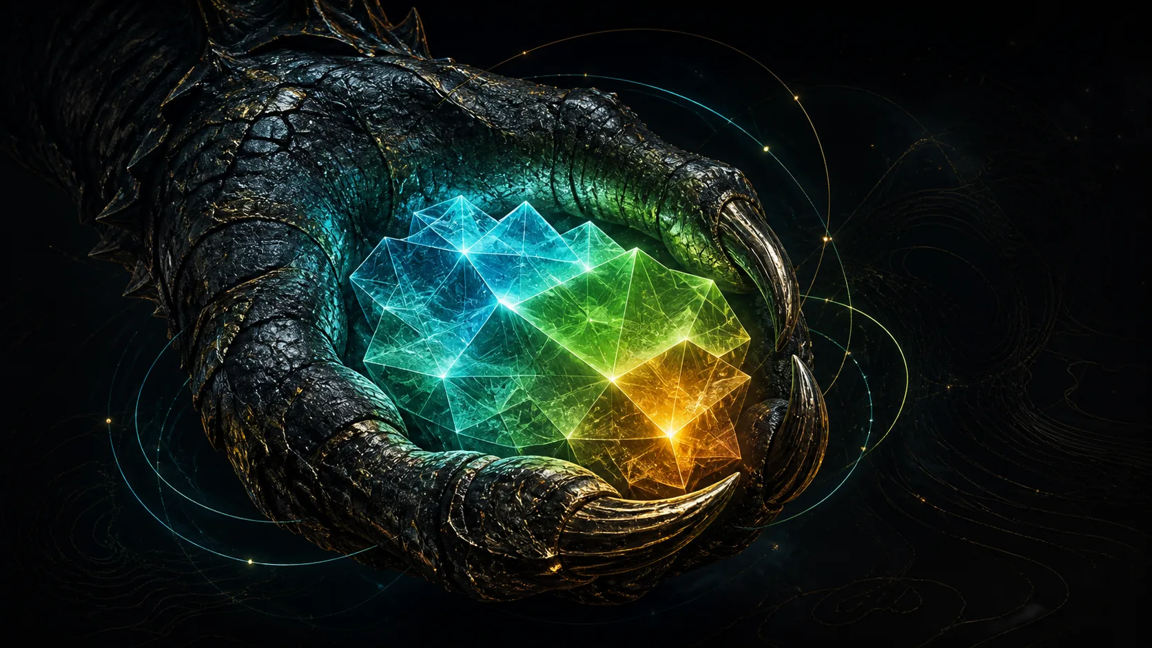 A dragon's claw cradling a glowing, faceted gem against a dark field.